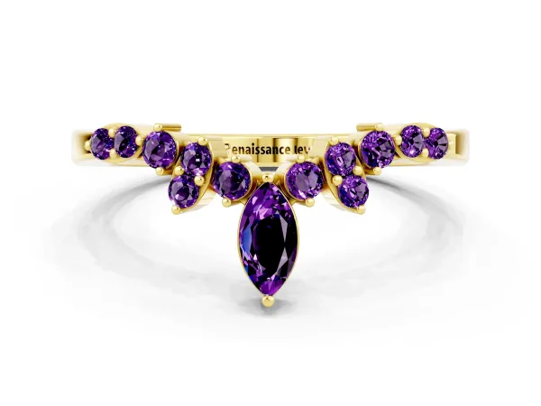 Marquise and Round Amethyst Chevron Band with Prong Setting Yellow gold