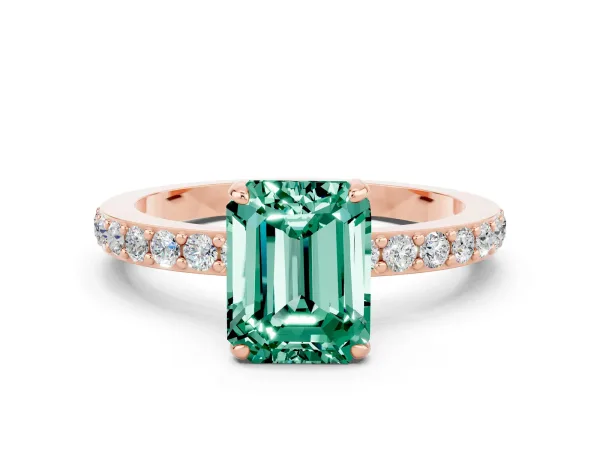 Emerald Cut Green Sapphire Solitaire Engagement Ring with Pavé Band and Four-Prong Setting Rose gold