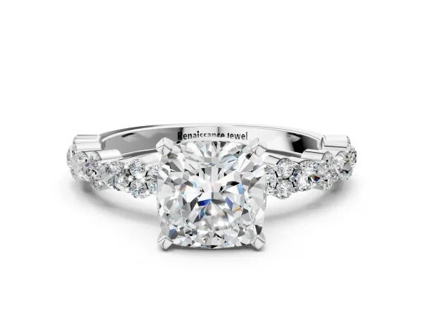 Cushion Cut Diamond Side Stone Solitaire Ring with Round and Four-Prong Setting White gold
