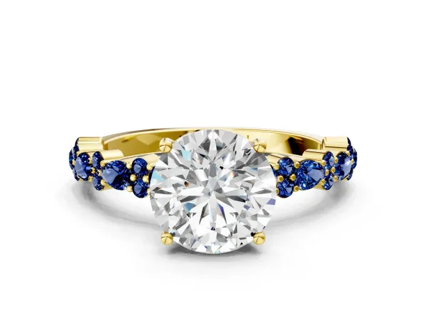 Round Cut Diamond Side Stone Solitaire Ring with Round Blue Sapphire and Four-Prong Setting Yellow gold