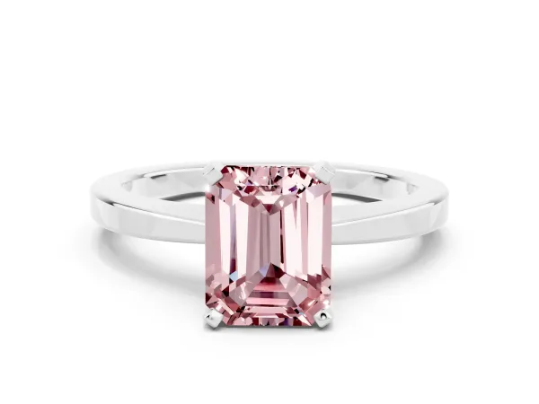 Emerald Cut Morganite Solitaire Engagement Ring with Classic Band and Four-Prong Setting Silver