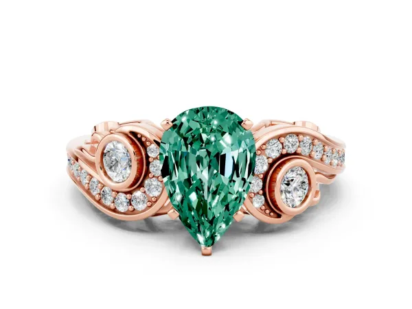 Pear Cut Green Sapphire Solitaire Ring with Milgrain Pavé Band and Four-Prong Setting Rose gold
