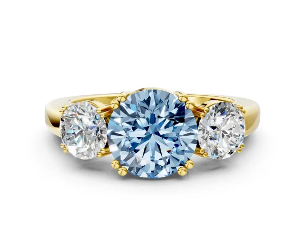Fancy Blue Three-Stone Round Cut Cut Diamond Ring with Channel Set Band and Four-Prong Setting Yellow gold