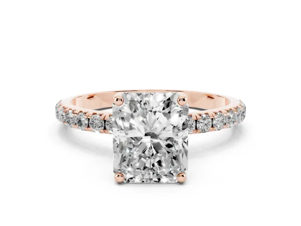 Radiant Cut Cut Diamond Solitaire Ring with Micro Pave Band and Four Prong Setting Rose gold