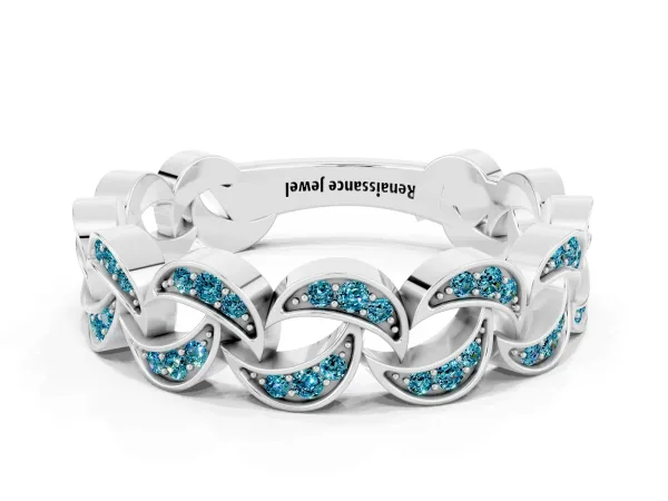 Pavé Round Blue Topaz Interlocking Eternity Band with Bezel Prong Setting Platinum