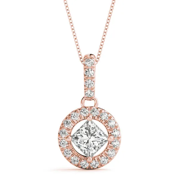 Princess Cut Halo Diamond Pendant with Four-Prong Setting Rose gold