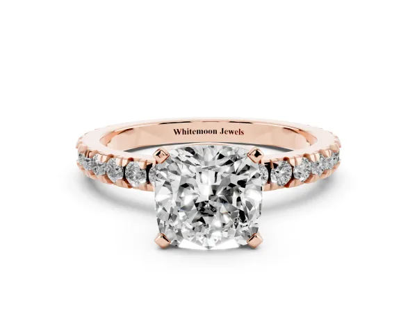 Cushion Cut Diamond Pavé Band Solitaire with Four-Prong Setting Rose gold