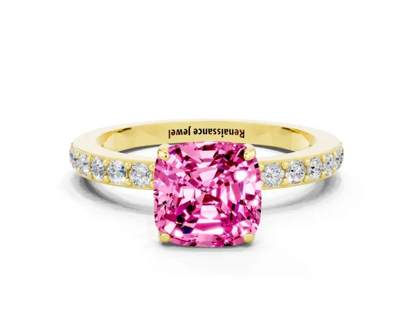 Cushion Cut Pink Sapphire Solitaire Engagement Ring with Pavé Band and Four-Prong Setting Yellow gold