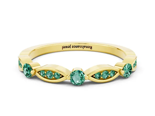 Marquise and Round Green Sapphire Milgrain Band with Bezel Setting Yellow gold