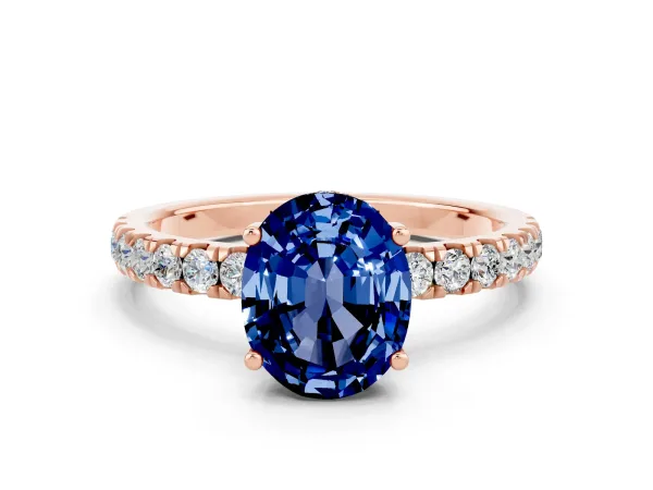 Oval Cut Blue Sapphire Pave Band Solitaire Ring with Round and Prong Setting Rose gold
