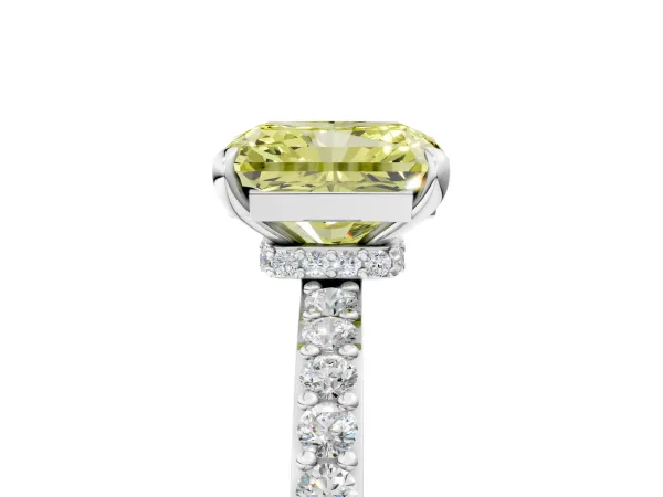Fancy Yellow Radiant Cut Diamond Solitaire Engagement Ring with Pavé Band and Four-Prong Setting White gold