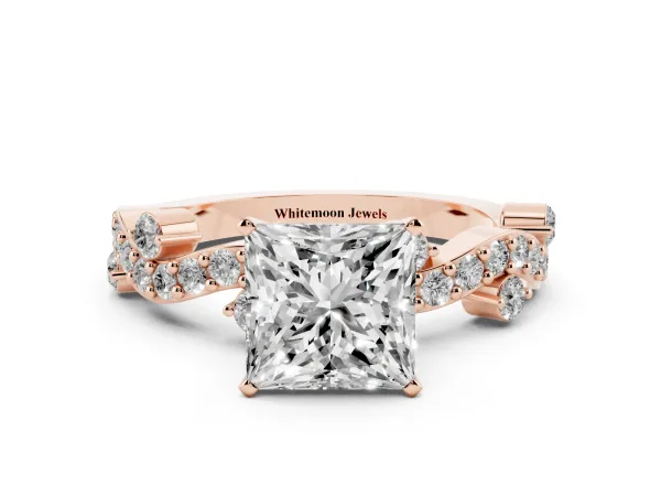 Princess Cut Cut Solitaire Diamond Twisted Band with Pave Setting Rose gold