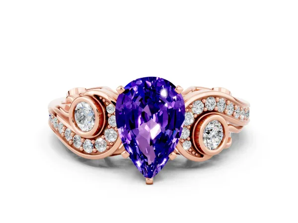 Pear Cut Tanzanite Solitaire Ring with Milgrain Pavé Band and Four-Prong Setting Rose gold