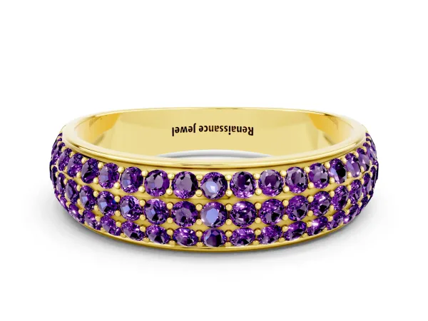 Three-Row Round Amethyst Eternity Band with Shared Prong Setting Yellow gold