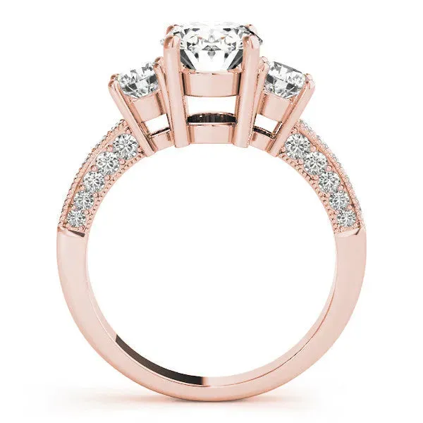 Heart Cut Three-Stone Diamond Ring with Pavé Band and Four-Prong Setting Rose gold