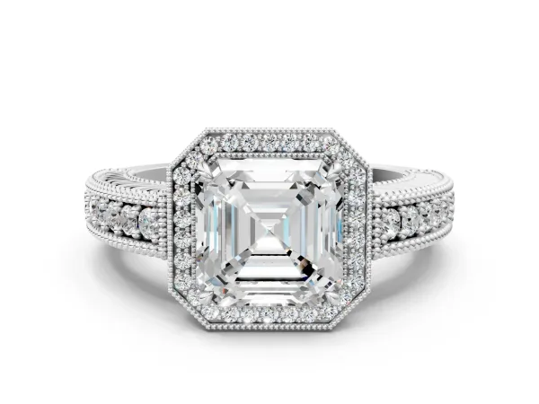 Asscher Cut Cut Halo Diamond Ring with Pavé Band and Four-Prong Setting Platinum