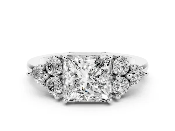 Princess Cut Brilliant Diamond Cluster Accent Solitaire Ring with Prong Setting White gold