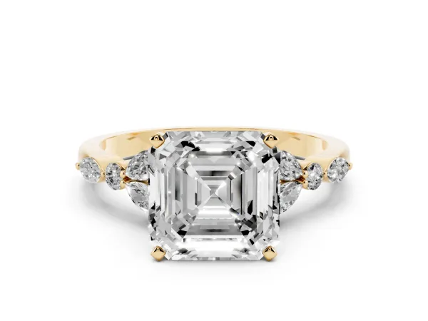 Asscher Cut Diamond Solitaire Ring with Side Stones and Four-Prong Setting Yellow gold