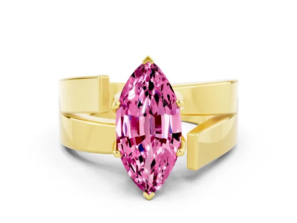 Modern Tension Set Marquise Cut Pink Sapphire Solitaire Wide Band Ring Yellow gold