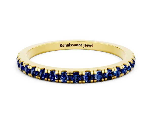 Pavé Round Blue Sapphire Half Eternity Band with Shared Prong Setting Yellow gold