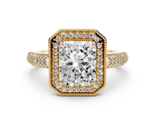 Radiant Cut Cut Halo Diamond Pave Band with Four-Prong Setting Yellow gold