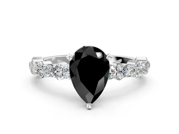 Fancy Black Pear Cut Diamond Side Stone Solitaire Ring with Round and Four-Prong Setting White gold