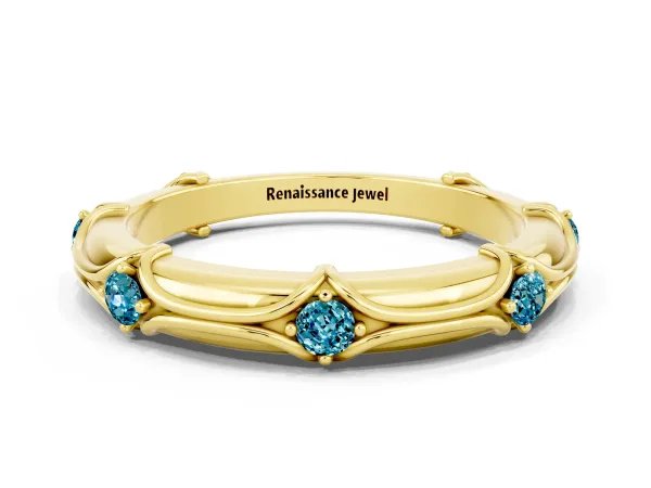 Round Blue Topaz Prong Set Milgrain Eternity Band Yellow gold