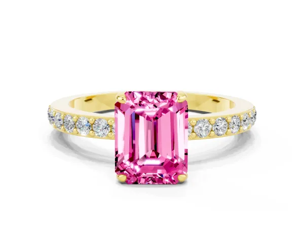 Emerald Cut Pink Sapphire Solitaire Engagement Ring with Pavé Band and Four-Prong Setting Yellow gold