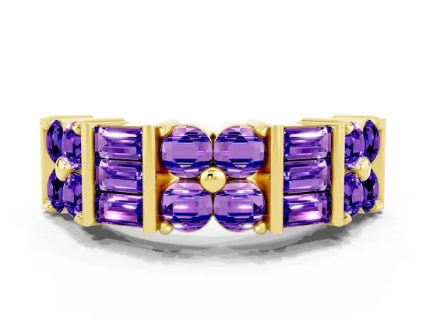 Channel Set Round and Baguette Tanzanite Anniversary Band with Prong Setting Yellow gold