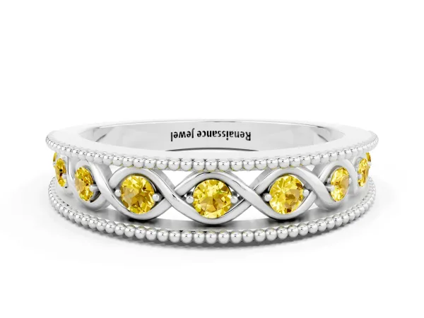 Round Yellow Sapphire Twist Milgrain Band with Bezel Setting Platinum