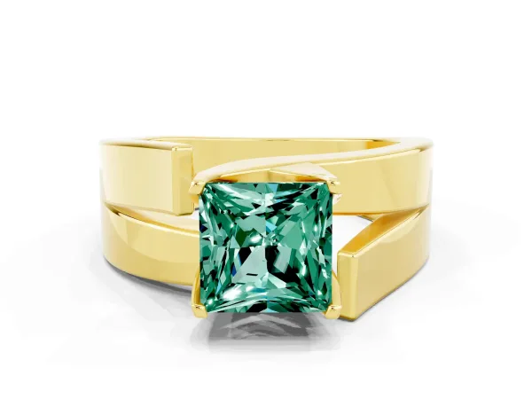 Modern Tension Set Princess Cut Green Sapphire Solitaire Wide Band Ring Yellow gold