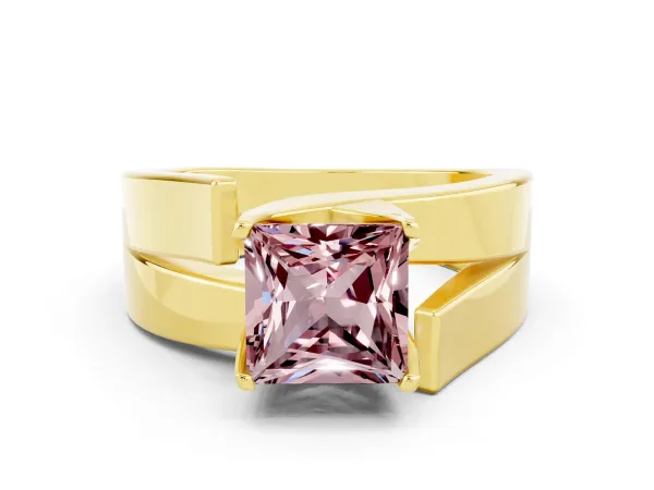 Modern Tension Set Princess Cut Morganite Solitaire Wide Band Ring Yellow gold