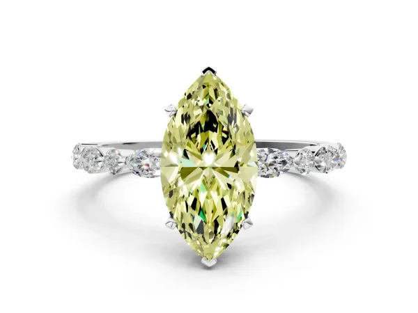 Fancy Yellow Marquise Cut Diamond Ring with Marquise and Round Side Stones and Four-Prong Setting White gold