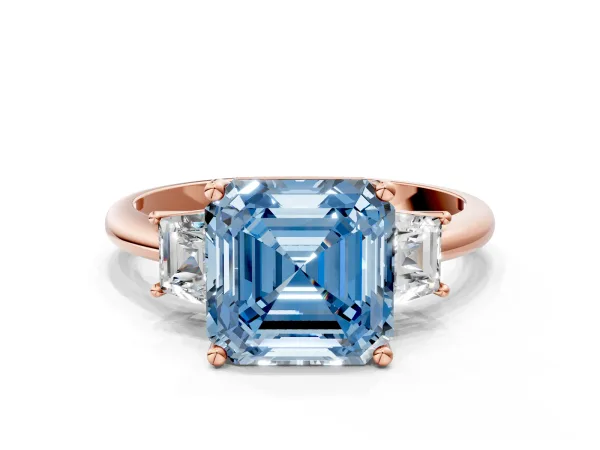 Fancy Blue Asscher Cut Diamond Three-Stone Ring with Trapezoid Side Stones and Prong Setting Rose gold