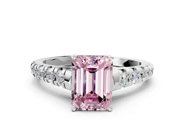 Fancy Pink Emerald Cut Diamond Cathedral Solitaire Ring with Round Pavé Band White gold