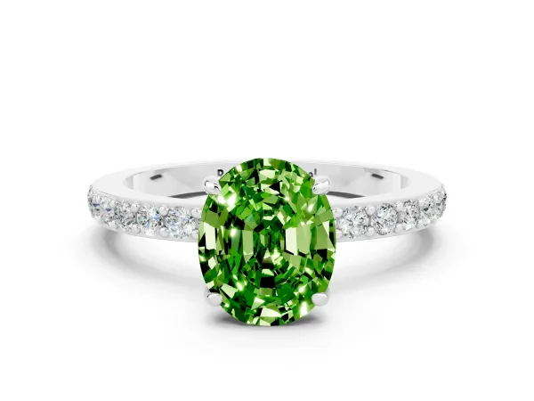 Oval Cut Peridot Solitaire Engagement Ring with Pavé Band and Four-Prong Setting White gold