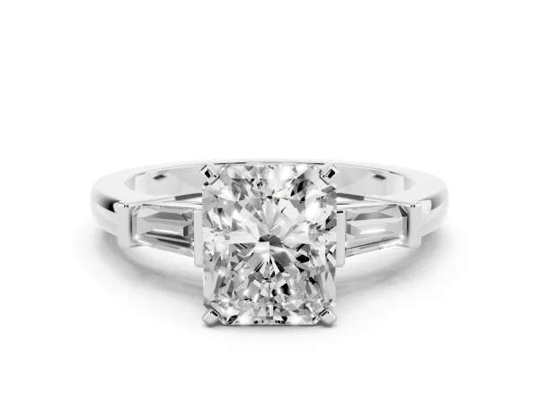 Radiant Cut Cut Diamond Solitaire Ring with Tapered Baguette Accents and Four-Prong Setting Platinum