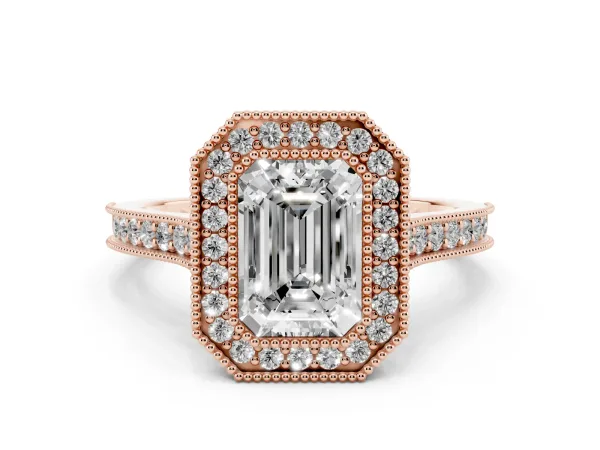 Halo Emerald Cut-Cut Diamond Pave Band Milgrain Prong Setting Ring Rose gold