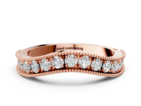 Round Diamond Milgrain Contour Wedding Band with Pavé Setting Rose gold