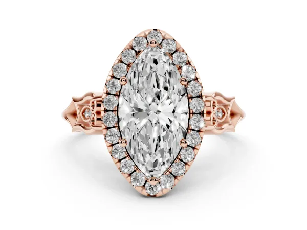 Marquise Cut Halo Diamond Engagement Ring with Filigree Band and Four-Prong Setting Rose gold