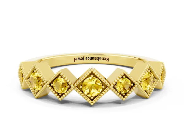 Milgrain Square Bezel Round Yellow Sapphire Chevron Band Yellow gold