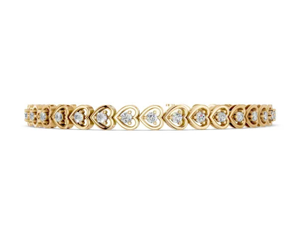 Heart-Shaped Diamond Tennis Bracelet with Channel Setting and Prong Set Stones Yellow gold