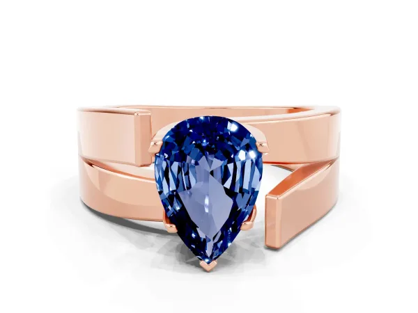 Modern Tension Set Pear Cut Blue Sapphire Solitaire Wide Band Ring Rose gold
