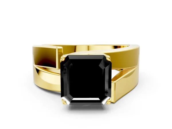 Fancy Black Modern Tension Set Asscher Cut Diamond Solitaire Wide Band Ring Yellow gold