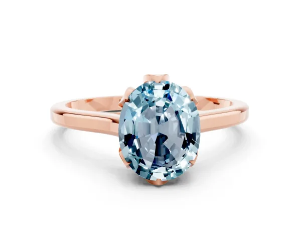 Oval Cut Aquamarine Solitaire Ring with Flower Prong Setting and Classic Band Rose gold