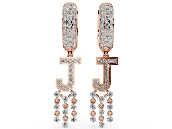 Round Diamond Initial J Huggie Hoop Earrings Rose gold