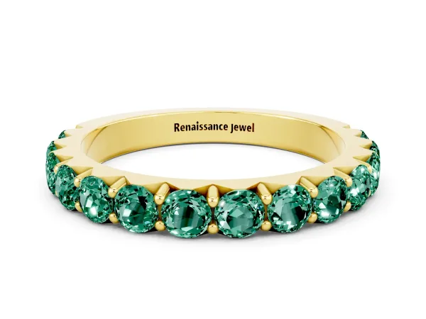 Round Green Sapphire Half Eternity Band with Classic Prong Setting Yellow gold