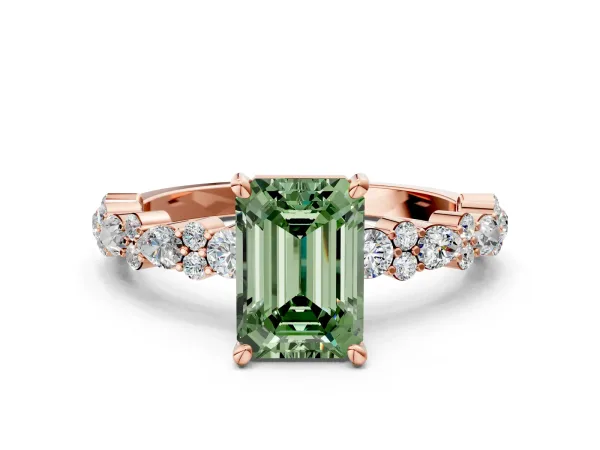 Fancy Green Emerald Cut Diamond Side Stone Solitaire Ring with Round and Four-Prong Setting Rose gold
