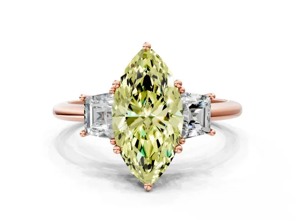 Fancy Yellow Marquise Cut Diamond Three-Stone Ring with Trapezoid Side Stones and Prong Setting Rose gold