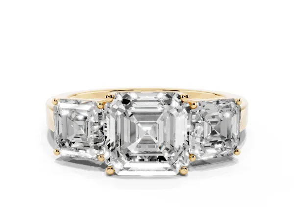 Three-Stone Asscher Cut Cut Diamond Engagement Ring with Flat Band and Four-Prong Setting Yellow gold